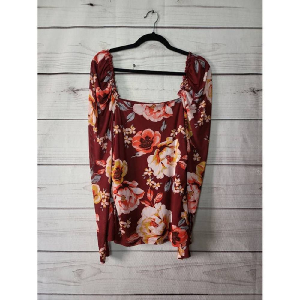 Jolie & Joy Womens Blouse Red Floral Long Sleeve Square Neck‎ Stretch Ruffles L
